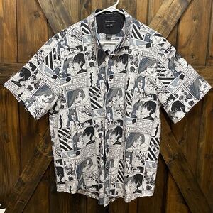 Anime Comic Interaffair Men's Button Up Down Shirt Slim Fit XXL Black & White